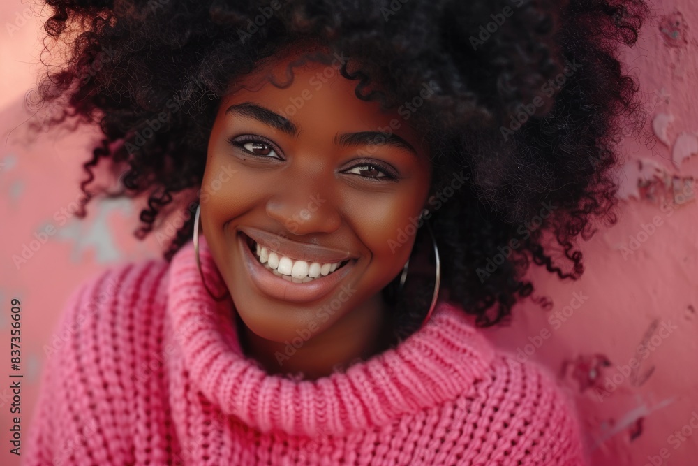 Girl Pink Sweater. Happy Beautiful Afro Woman Smiling with Joy Girl Pink Sweater. Happy Beautiful Afro Woman Smiling with Joy