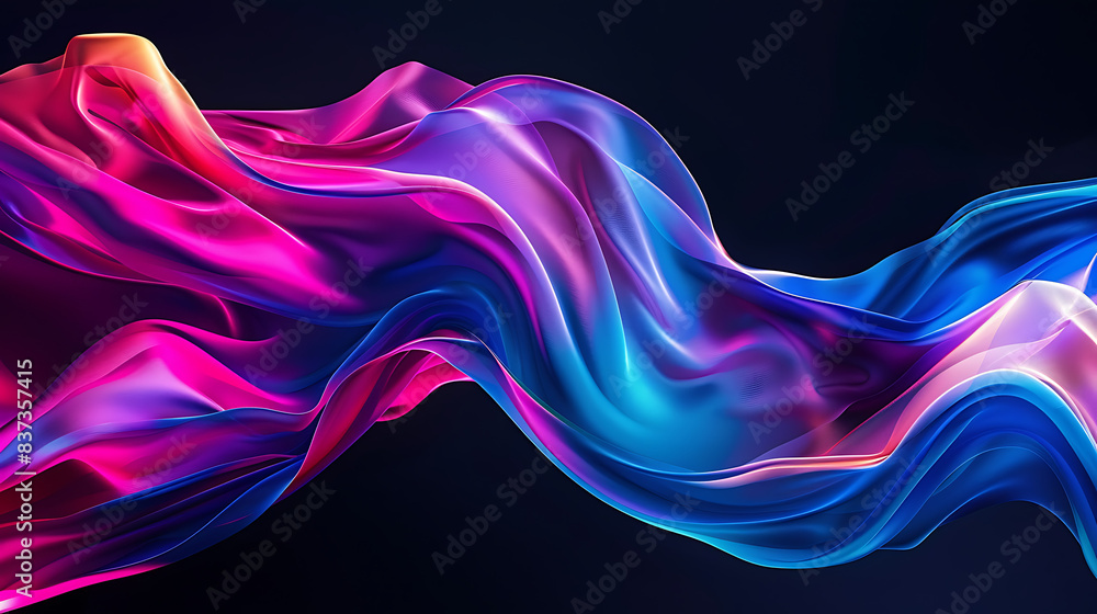 a dynamic and colorful abstract wave pattern set against a black background. The wave exhibits vibrant hues of blue, pink, purple a dynamic and colorful abstract wave pattern set against a black background. The wave exhibits vibrant hues of blue, pink, purple