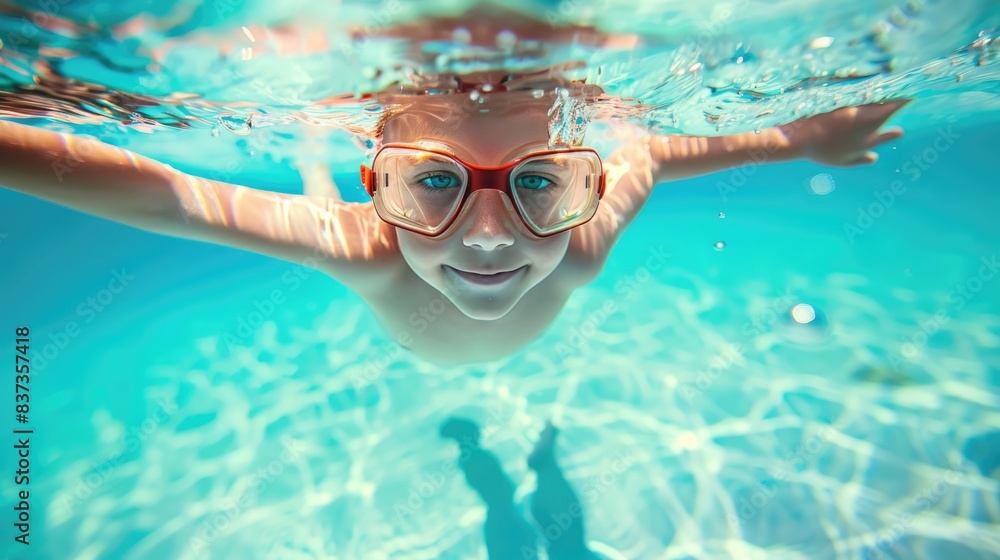 Naklejka premium Kid In Pool. Children Dive and Jump Underwater Making a Splash