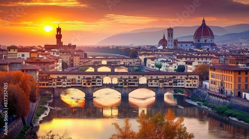 Italy Fall. Sunset View of Ponte Vecchio in Florence, Tuscany