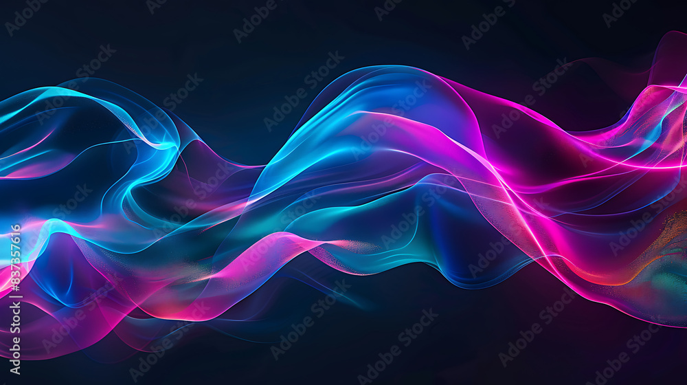 a dynamic and colorful abstract wave pattern set against a black background. The wave exhibits vibrant hues of blue, pink, purple a dynamic and colorful abstract wave pattern set against a black background. The wave exhibits vibrant hues of blue, pink, purple