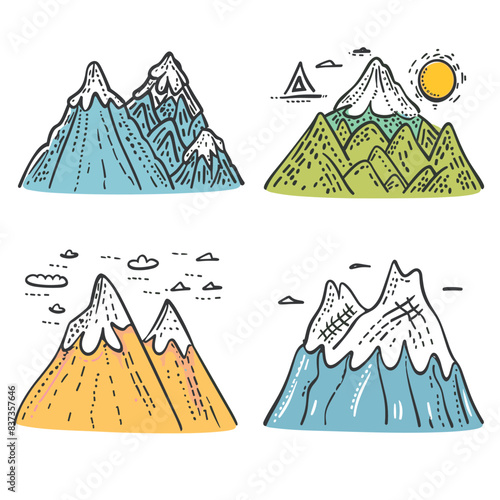Set handdrawn mountains under clear skies, sun shining, snow peaks. Colorful mountain range sketches, cartoon style, nature scene. Diverse mountain illustrations, artistic outdoor adventure symbols
