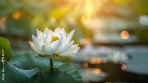 A single white lotus flower blooms in the warm sunlight on a pond  with green lily pads in the foreground and a soft  blurry background