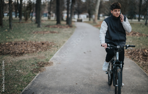 A casual young teenager with a bicycle in the park, engaging on a phone call while riding.