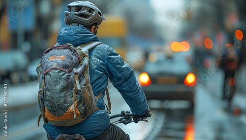 Cyclist with backpack on rainy city street