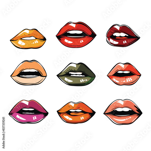 Collection colorful lip illustrations showing different lipstick shades expressions. Varied lip colors represent fashion, makeup artistry beauty trends. Nine separate lips signify diversity style