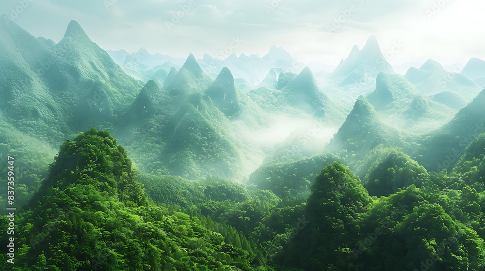 Obraz premium a breathtaking view of a lush green mountain range. The peaks are covered in dense vegetation, creating a serene and majestic atmosphere