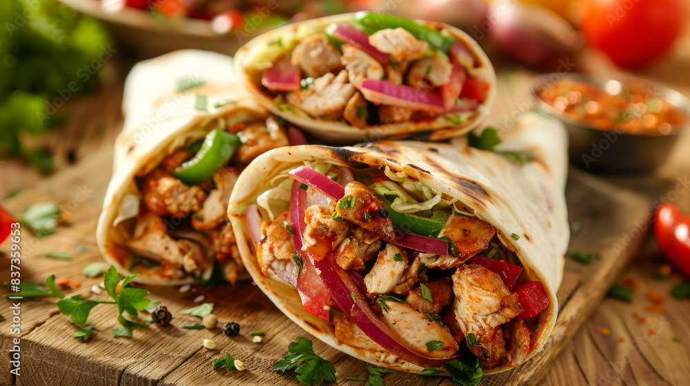 Chicken shawarma in a wrap. Popular Middle Eastern street food. Chicken shawarma in a wrap. Popular Middle Eastern street food.