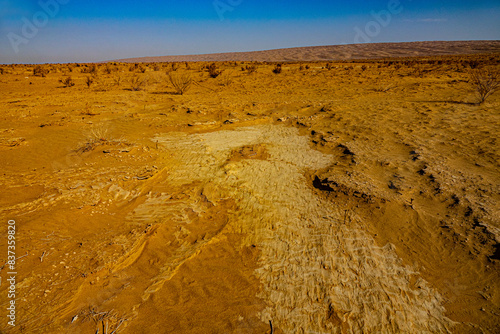 Blind creek, rambla - a trace of a shallow temporary stream in the sand-clay desert from rains every five years. Rare desert vegetation in winter photo