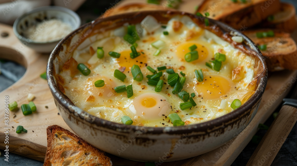 Creamy baked eggs with melted cheese and green onions, served in a ceramic bowl with toasted bread. Delicious breakfast or brunch idea. Creamy baked eggs with melted cheese and green onions, served in a ceramic bowl with toasted bread. Delicious breakfast or brunch idea.