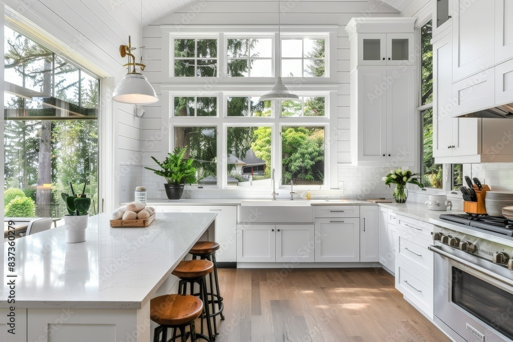 Monochromatic kitchen with crisp white walls and large windows overlooking a lush garden, featuring a spacious island with wooden stools, stainless steel appliances Monochromatic kitchen with crisp white walls and large windows overlooking a lush garden, featuring a spacious island with wooden stools, stainless steel appliances
