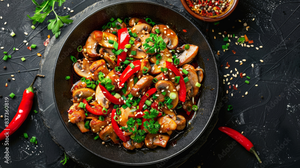 Delicious stir fry with turkey, paprika, mushrooms, chives, and sesame seeds in a frying pan. Asian dish on a black kitchen table, top view. Delicious stir fry with turkey, paprika, mushrooms, chives, and sesame seeds in a frying pan. Asian dish on a black kitchen table, top view.