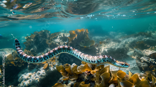 A sea snake moves on a reef in the sea illuminated by the sun's rays photo