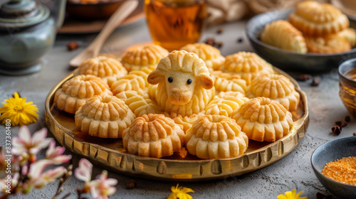 Eid al Adha Mubarak! Greeting card with semolina cookies maamoul arranged in the shape of a sheep for the traditional Muslim holiday. photo
