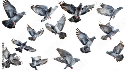 Pigeons Flying. A Group of Grey Pigeons with Outstretched Wings on White Background