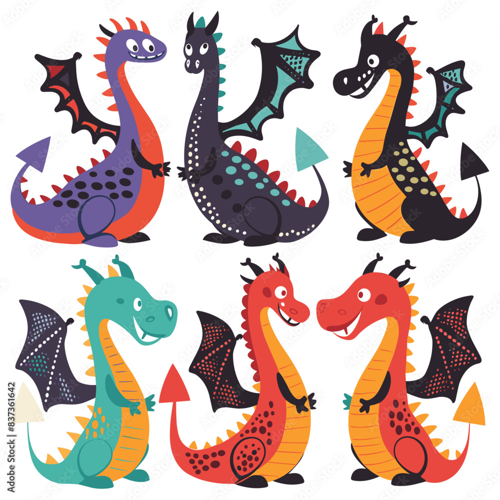 Obraz premium Six cartoon dragons display various playful poses expressions. Brightly colored fantasy creatures engage friendly interactions, designed whimsical style. Dragons exhibit unique patterns textures