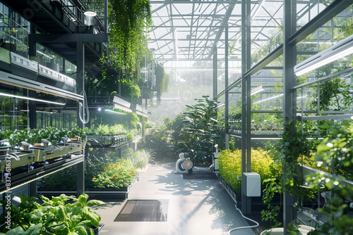 A tech-infused greenhouse with AI-controlled climate systems, hydroponic gardens, and robotic plant caretakers that ensure optimal growing conditions for a variety of plants and herbs year-round.