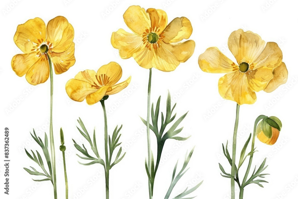 Yellow Flower Watercolor Set. Meadow Buttercup Ranunculus Acris Hand Drawn Painting Isolated on White Background Yellow Flower Watercolor Set. Meadow Buttercup Ranunculus Acris Hand Drawn Painting Isolated on White Background