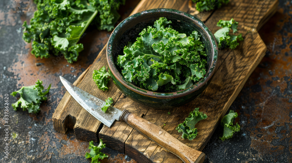 Kale in a bowl, with a knife and chopped kale on a cutting board. Kale in a bowl, with a knife and chopped kale on a cutting board.