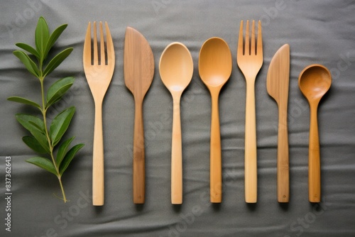 Eco-Friendly Bamboo Utensils on Gray Fabric Background