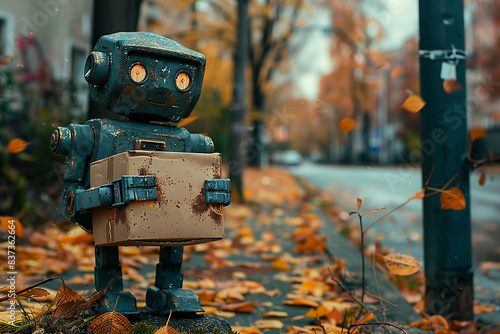 Old little postal robot holds a box in the fall and delivers parcels