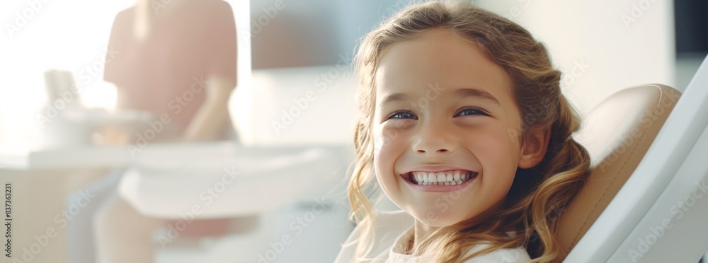 A young girl sits comfortably in a dental chair, beaming with a happy smile A young girl sits comfortably in a dental chair, beaming with a happy smile