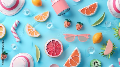 3d rendering summer pattern with cute objects on blue background. Minimal concept. Top view, flat lay. copy space for text or banner. Flat illustration style. , Isolated on pastel background