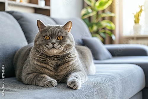 Photo of a British shorthair cat sitting on the floor in front of a sofa, with natural light streaming in through a window. The warm-toned interior design of a modern living room is in the background.