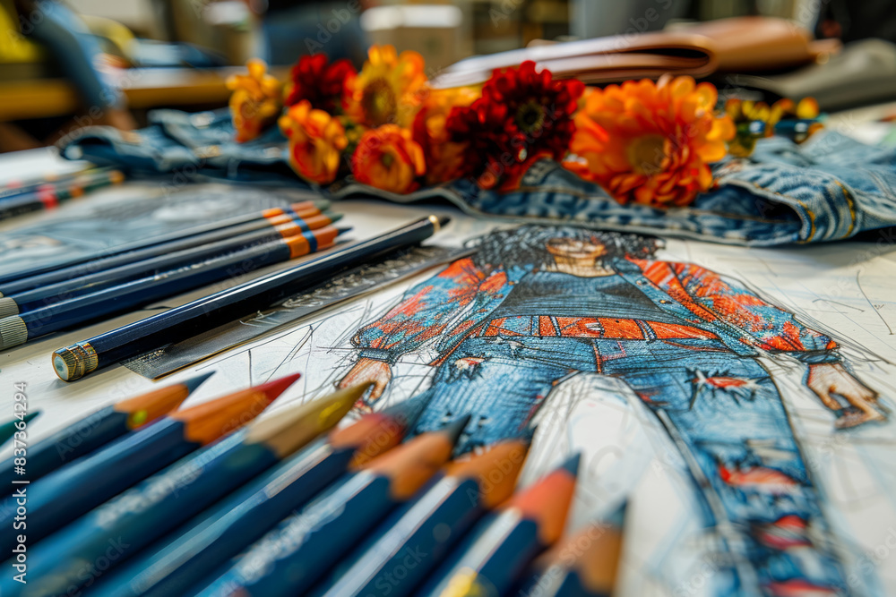 A series of fashion sketches laid out on a table, capturing the design process. Concept of fashion creation and artistry. Generative Ai. A series of fashion sketches laid out on a table, capturing the design process. Concept of fashion creation and artistry. Generative Ai.