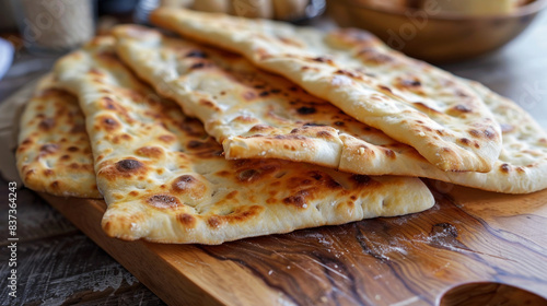 Thin and crispy Turkish flatbread is called yufka. It is a traditional Turkish bread often used as a wrap or for making pide (Turkish pizza). photo