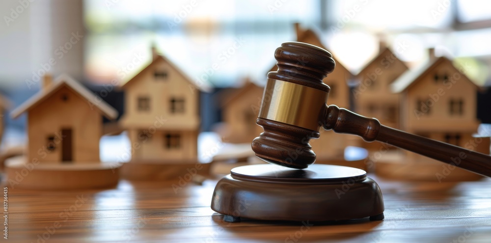 The concept of a judge auctioning real estate. Model of a hammer and house. Real estate law. Taxes and profits associated with real estate and home purchases. Generative artificial intelligence