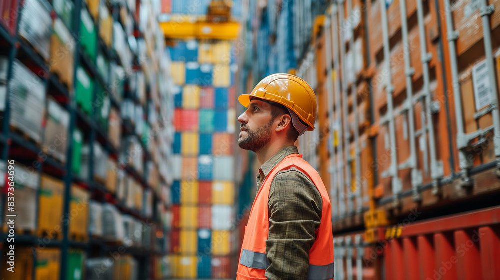 Showcase the dedication and professionalism of a worker in a bustling warehouse. Ideal for logistics, supply chain, and industrial content. Highlight efficiency and hard work in a vibrant setting Showcase the dedication and professionalism of a worker in a bustling warehouse. Ideal for logistics, supply chain, and industrial content. Highlight efficiency and hard work in a vibrant setting