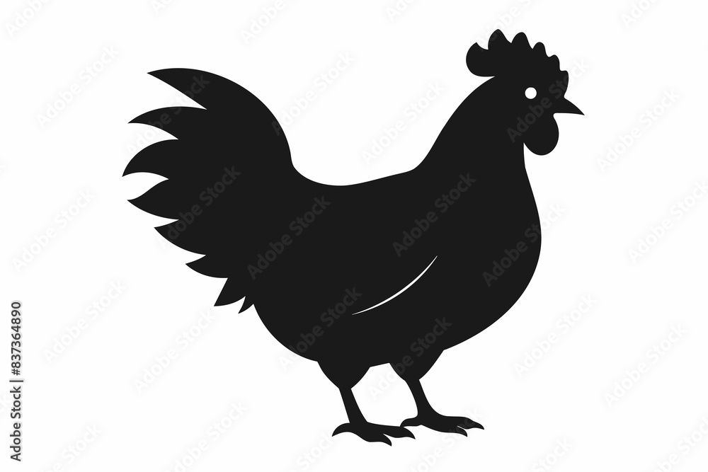 Black silhouette of a rooster standing. Isolated on white background. Rural life, farm animal, bird illustration, livestock concept. Print, sign, template, design element Black silhouette of a rooster standing. Isolated on white background. Rural life, farm animal, bird illustration, livestock concept. Print, sign, template, design element