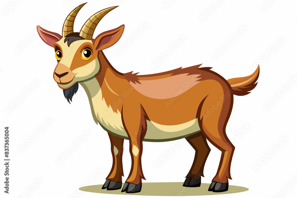 Obraz premium Cartoon goat with orange fur and curved horns, standing. Farm animal, livestock, agriculture, farming concept. Isolated on white background.