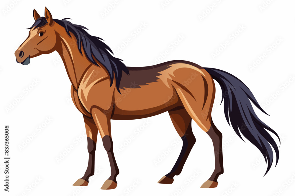 Obraz premium Brown horse with black mane in walking posture, equine, domestic animal, grace concept, illustrative design. Isolated on white background.