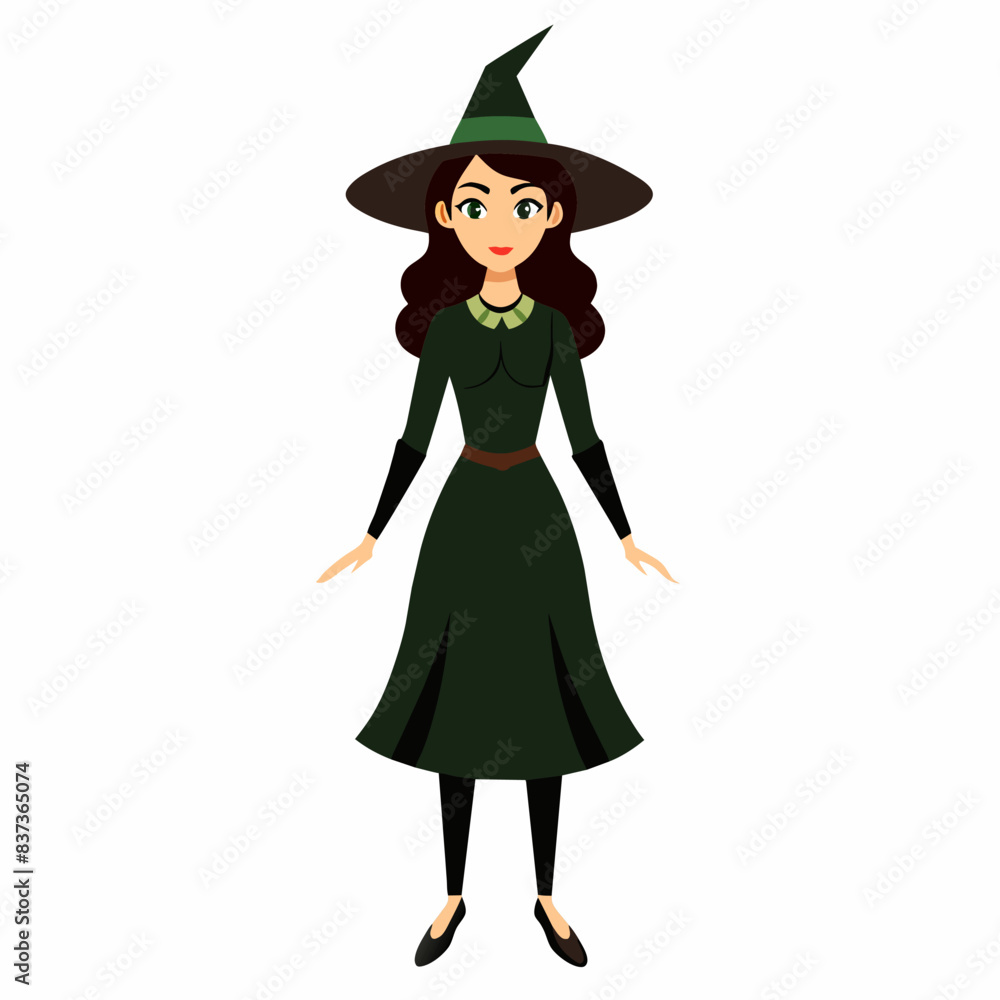 Cartoon witch in dress and hat. Female sorceress character. Halloween, magic, fantasy, costume concept. Isolated on white background Cartoon witch in dress and hat. Female sorceress character. Halloween, magic, fantasy, costume concept. Isolated on white background