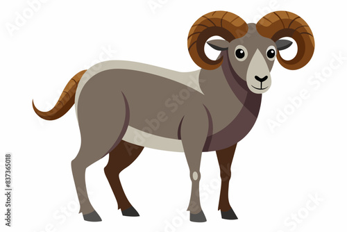 Cartoon bighorn sheep facing forward with large curved horns and brown fur. Cute animal illustration. Wildlife, nature, ram, animal design, illustration concept. Isolated on white background.