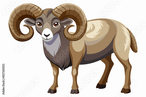Cartoon bighorn sheep facing forward with large curved horns and brown fur. Cute animal illustration. Wildlife, nature, ram, animal design, illustration concept. Isolated on white background.