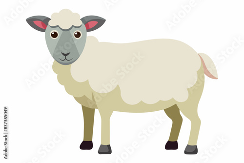 Cartoon sheep with цршеу wool standing against white background. Cute farm animal. Livestock, agriculture, rural life, childrens illustration concept.