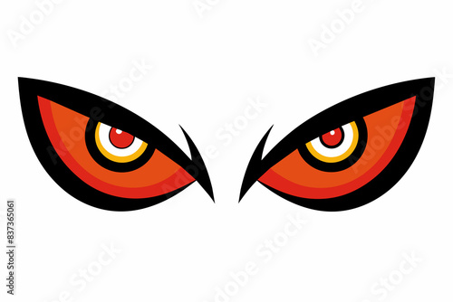 Red and black devil eyes with flames in a graphic design. Fiery eyes. Halloween, evil, fantasy, spooky concept. Isolated on white background