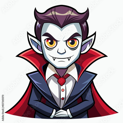 Cartoon vampire character in a suit with red cape and sharp fangs. Halloween monster. Horror, fantasy, costume, cartoon concept. Isolated on white background