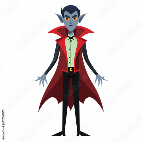 Cartoon vampire with red cape and fangs. Halloween character. Dracula costume, spooky, horror concept. Isolated on white background.