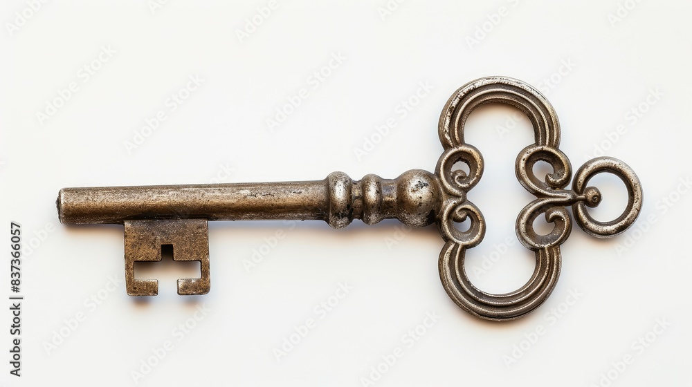 Antique key with intricate design isolated on clean white backgrounds Antique key with intricate design isolated on clean white backgrounds