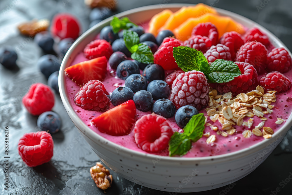 A colorful smoothie bowl topped with fresh fruits and nuts, showcasing nutritious meal options. Concept of healthy eating and wellness. Generative Ai. A colorful smoothie bowl topped with fresh fruits and nuts, showcasing nutritious meal options. Concept of healthy eating and wellness. Generative Ai.