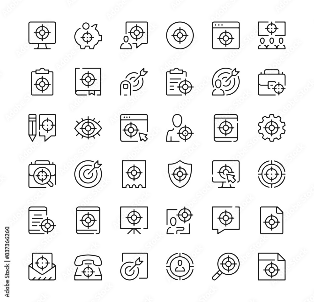 Target icons set. Vector line icons. Black outline stroke symbols Target icons set. Vector line icons. Black outline stroke symbols
