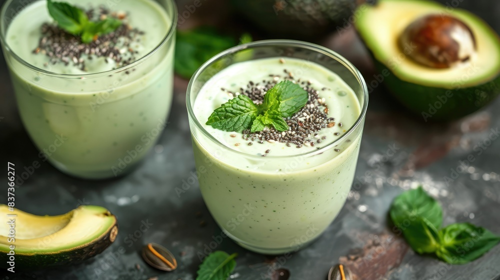 avocado smoothie on the table with cafe avocado smoothie on the table with cafe