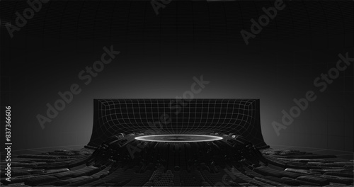 The podium in the style of the hologram wire frame against the background of a round room. Vector illustration.