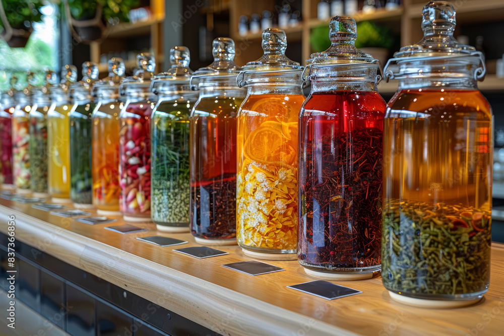 A selection of herbal teas displayed on a counter, promoting natural remedies. Concept of health and hydration. Generative Ai. A selection of herbal teas displayed on a counter, promoting natural remedies. Concept of health and hydration. Generative Ai.