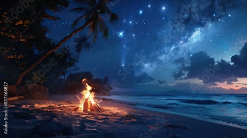 Inviting campfire on the beach during the summer, bring back fond memories. Fun and good times at the lake. AI generated illustration