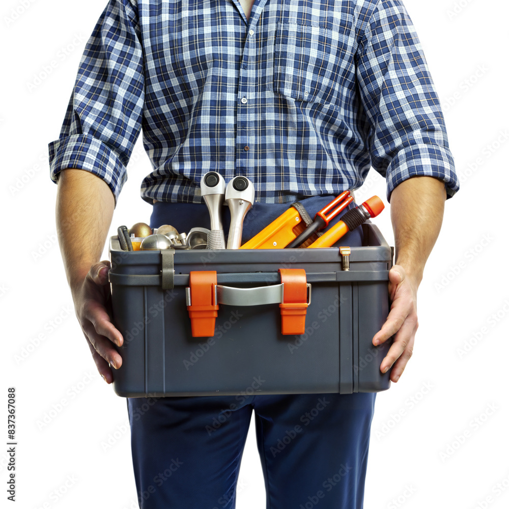 A man is holding a toolbox with various tools in it A man is holding a toolbox with various tools in it